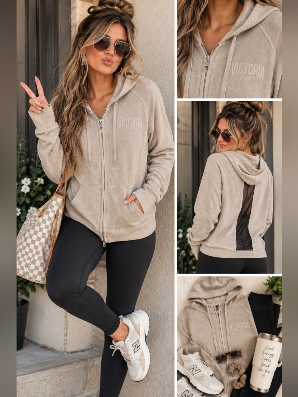 Victoria Sport/Victoria Secret; full-zip hoodie; light Taupe/Gray color; large